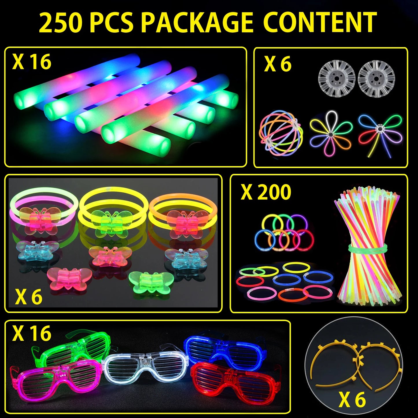 250 PCS Glow in the Dark Party Supplies Foam Glow Sticks LED Glasses Neon Party Favors for Birthday Wedding Christmas