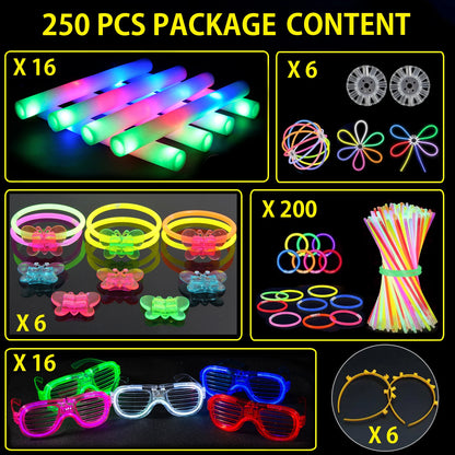 250 PCS Glow in the Dark Party Supplies Foam Glow Sticks LED Glasses Neon Party Favors for Birthday Wedding Christmas