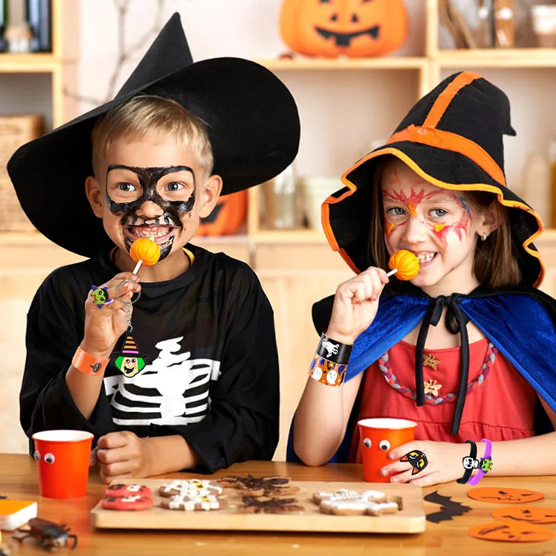 6-40pcs Halloween Gifts Toys Slap Bracelet Witch Skeleton Pumpkin Ghost Key Chain Party Kid Hairpin Ring Birthday Favor Supplies