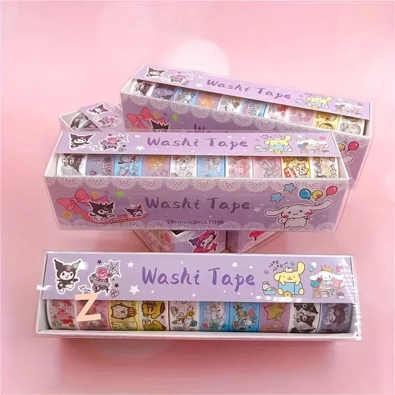 10 Pcs Sanrio Washi Tape Set  Adorable Kuromi, My Melody & Cinnamoroll Designs Cartoon Stickers for Journaling and Crafting