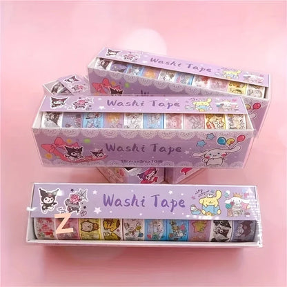 10 Pcs Sanrio Washi Tape Set  Adorable Kuromi, My Melody & Cinnamoroll Designs Cartoon Stickers for Journaling and Crafting