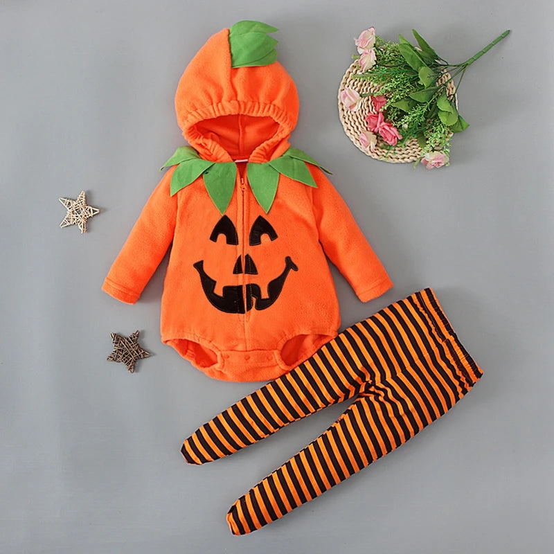 Nfant Baby Girl Boy Halloween Costumes Outfit Pumpkin Hooded Romper Footed Pants Leggings Fancy Clothes