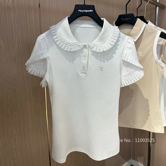 2025 Golf Clothing Shirt Women Korean Elegant Short Sleeve Shirts Slim Quick Dry Tops Ruffle Pleated Tennis Jerseys Golf Wear