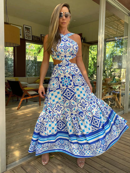 New Bohemian Sexy Printed Women Dresses Halter Sleeveless Backless Naked Waist Long Dress Fashion Summer Beach Holiday Robe
