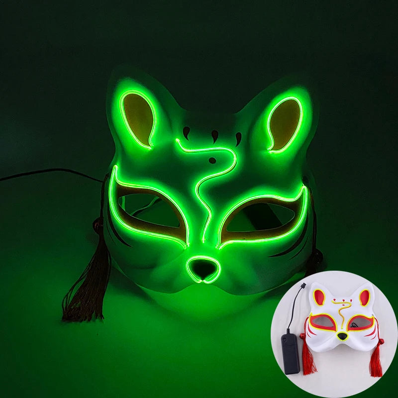 Halloween Luminous Japanese Neon Light Fox Mask LED Light Up Cosplay Mask Flashing in Dark Masquerade Dance Party Mask Costume