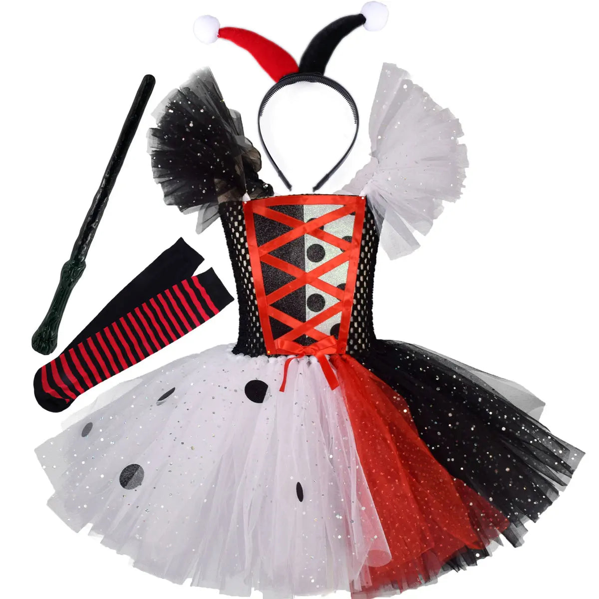 2025 Classic Girl Cosplay Clown Pure White + Black Princess Puffed Skirt Halloween Easter Festival Party Dress+ Accessories Set