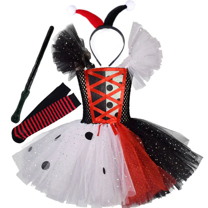 2025 Classic Girl Cosplay Clown Pure White + Black Princess Puffed Skirt Halloween Easter Festival Party Dress+ Accessories Set