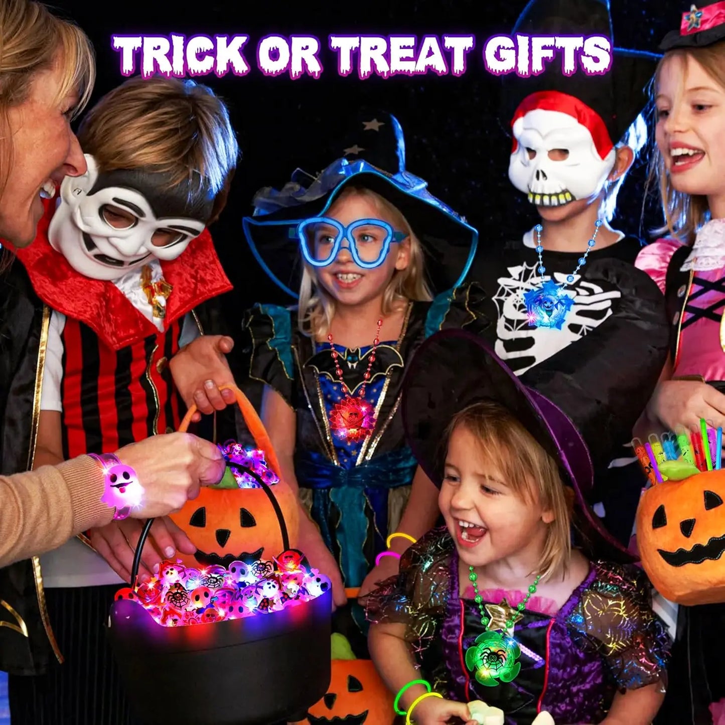 96Pcs Halloween Light Up Rings Glow Sticks Spin Necklace for Kids Trick or Treats Non-Candy Goodie Bag Fillers Party Supplies