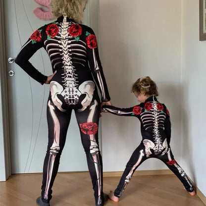 Rose Skeleton Bone Jumpsuit Girls Scary Costume Halloween Horror Bodysuit Cosplay Jumpsuit Carnival Catsuit Outfit for Kids