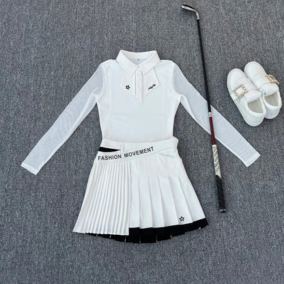 Golf Women's Long-Sleeved Polo Shirt, Summer Mesh Sleeve Sunshade, Quick-Drying, Breathable and Slimming Outdoor Sports Set