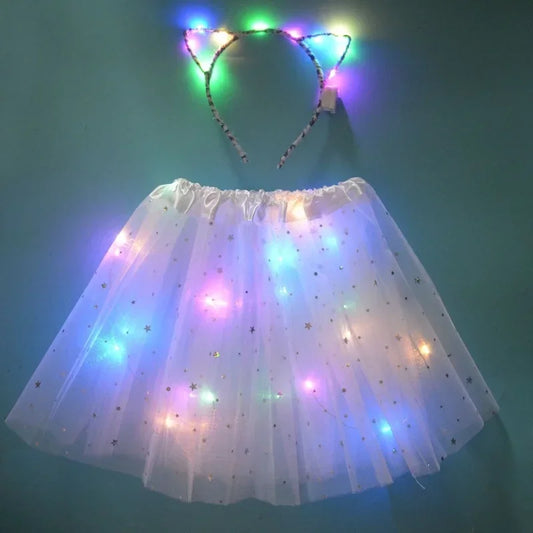 Light Up LED Kids Women Girl Animal Cat Leopard Ears Headband Tutu Skirt Costume Glow Party Christmas Halloween Festival