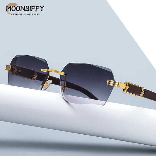 Luxury Rimless Square Sunglasses Man Brand Designer Frameless Gradient Sun Glasses Woman Fashion Vintage Wooden Oculos De Sol