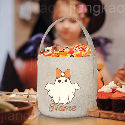 Personalized Trick or Treat Bag Custom Name Candy Bucket Bag Halloween Party Ghost Tote Bags Portable Cookie Basket Gift for Kid