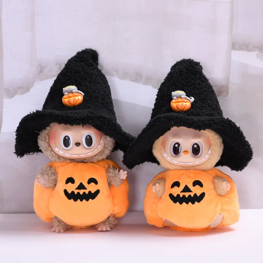 17cm Labubu Halloween Costume - Pumpkin Outfit With Black Hat, Cute Plush Doll Clothing for Labubu, Spooky Festival Cosplay