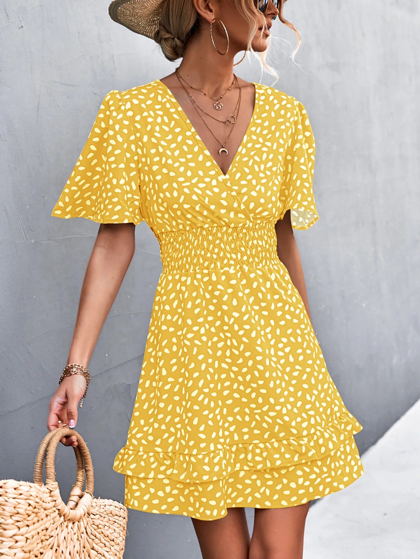 Elegant Women Dot Print Pattern Dress V-Neck Ruffles Sleeve Casual Sweet Fashion Boho Dress Women Summer Dresses Beach Holidays