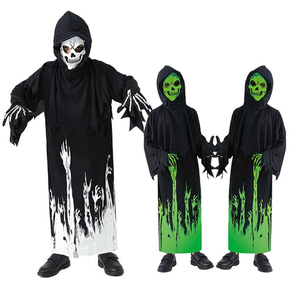 Halloween Grim Reaper Cosplay Costume Bodysuit Kids Ghost Demon Skeleton Spooky Glow-In-The-Dark Hooded Jumpsuit Mask Gloves Set
