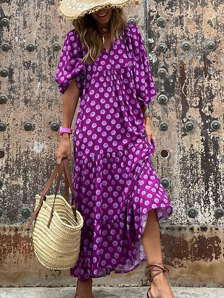 Fashion Women Print Dress Summer Loose Boho Dress Casual Elegant Short Sleeve Beach Party Dresses for Woman Robe Femme 2023 New