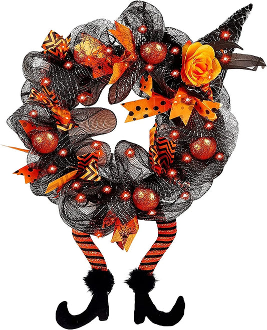 Halloween Wreath With Led Lights Door Hanging Decoration Pumpkin Witch Hat Leg Wreath Carnival Party Gifts Home Halloween Decor