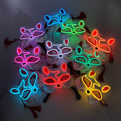 Halloween Luminous Japanese Neon Light Fox Mask LED Light Up Cosplay Mask Flashing in Dark Masquerade Dance Party Mask Costume
