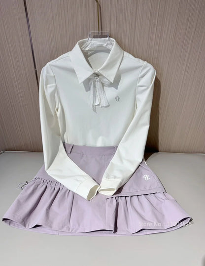 PL Women Long Sleeve Golf Polo Shirts Ladies Autumn New T-Shirt Bowknot Lapel Sports Top Ladies Cargo Short Skirts Slim Skort