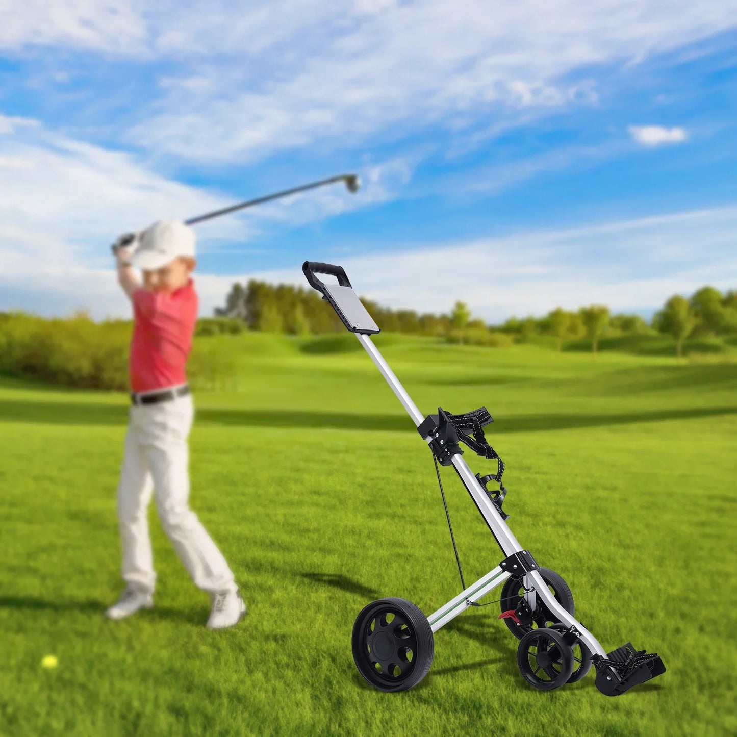 3 Wheel Push Pull Golf Cart Foldable Lightweight Golf Push Cart Portable Aluminum Alloy Golf Trolley With Foot Brake
