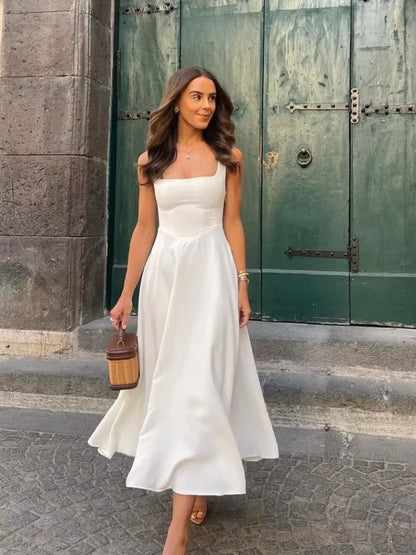 Elegant White High Waist Women's Dress Fashion Square Neck Sleeveless A-Line Dresses 2025 New Vocation Beach Party Streetwear