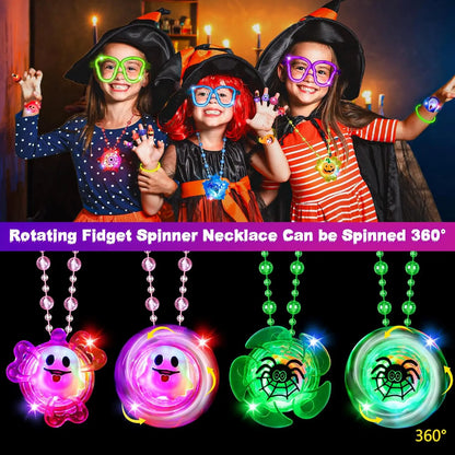 96Pcs Halloween Light Up Rings Glow Sticks Spin Necklace for Kids Trick or Treats Non-Candy Goodie Bag Fillers Party Supplies
