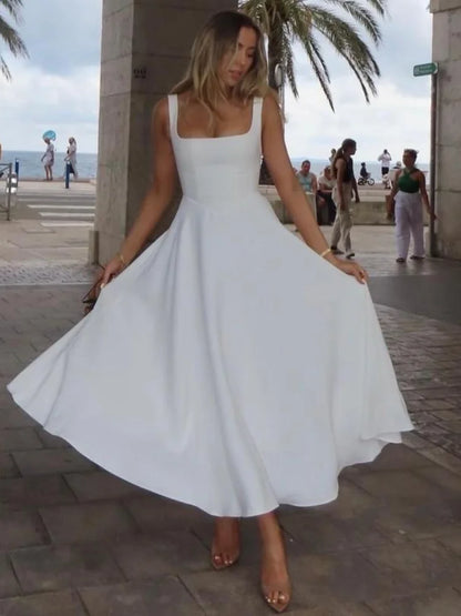 Elegant White High Waist Women's Dress Fashion Square Neck Sleeveless A-Line Dresses 2025 New Vocation Beach Party Streetwear