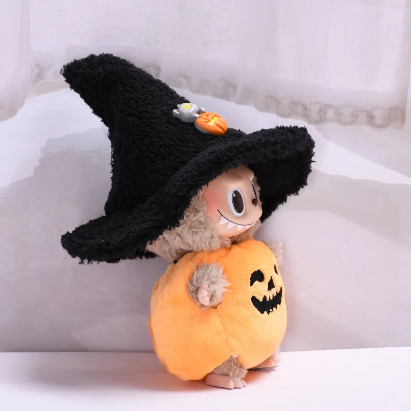 17cm Labubu Halloween Costume - Pumpkin Outfit With Black Hat, Cute Plush Doll Clothing for Labubu, Spooky Festival Cosplay