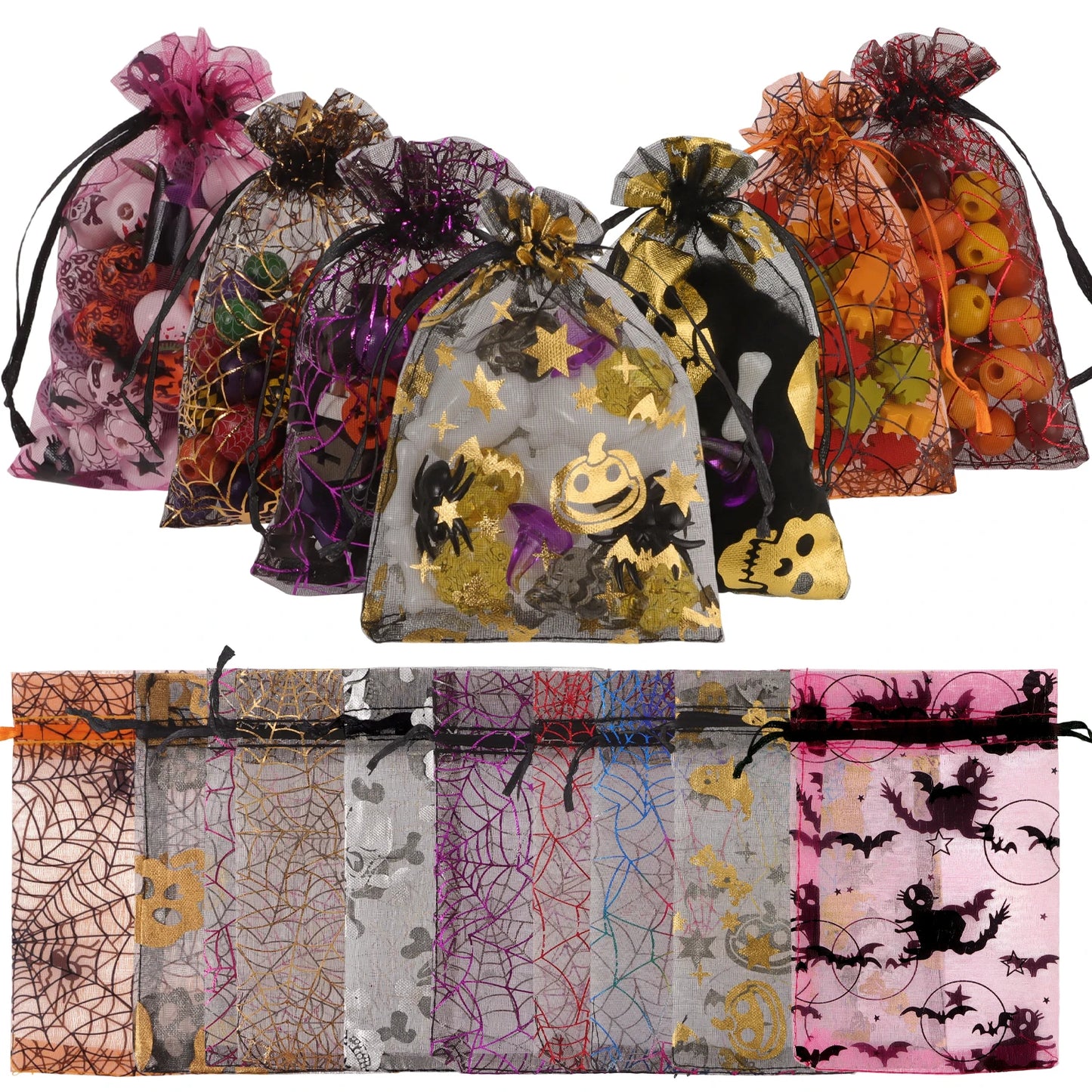 50/100pcs Colorful Halloween Organza Gift Bags Skull Spider Web Printing Packaging Gift High Quality Drawstring Candy Bag
