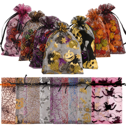 50/100pcs Colorful Halloween Organza Gift Bags Skull Spider Web Printing Packaging Gift High Quality Drawstring Candy Bag