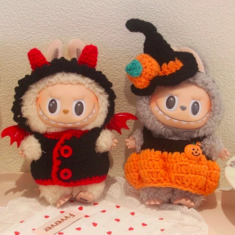 3.0 Labubu Clothes Halloween Knitted Pumpkin Bat Ghost Set for 15/17cm Doll Funny Necklace Accessories Christmas Halloween Gift
