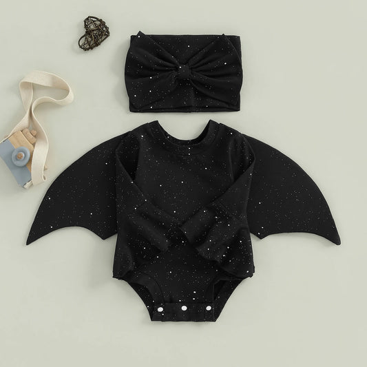 Toddler Baby Girl Bat Costumes Glitter Batwing Long Sleeve Romper With Bow Headband 2 Piece Halloween Outfit