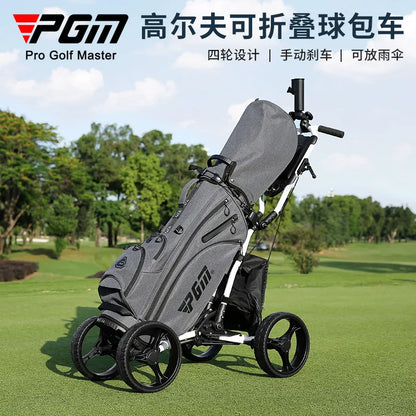 PGM Foldable Golf Bag Cart Four Wheels Aluminium Alloy Trolley With Umbrella Holder Bottle Cage Fixing Rope Manual Brake QC005