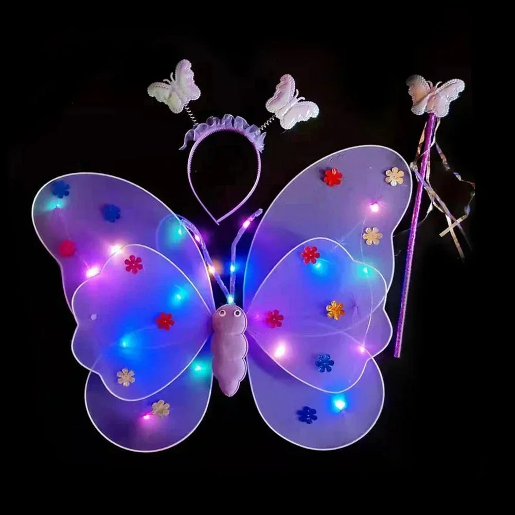 3/4Pcs/Set  Fairy Butterfly Wing Wand Headband Costume Toy Gift Halloween Decoration Double Layers Girls Led Flashing Light