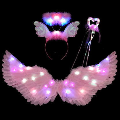 Women Girls Angel Feather LED Wings Halo Light Up Angel Wings Fairy Wands Glow Tutu Skirt Carnival Halloween Cosplay Costume