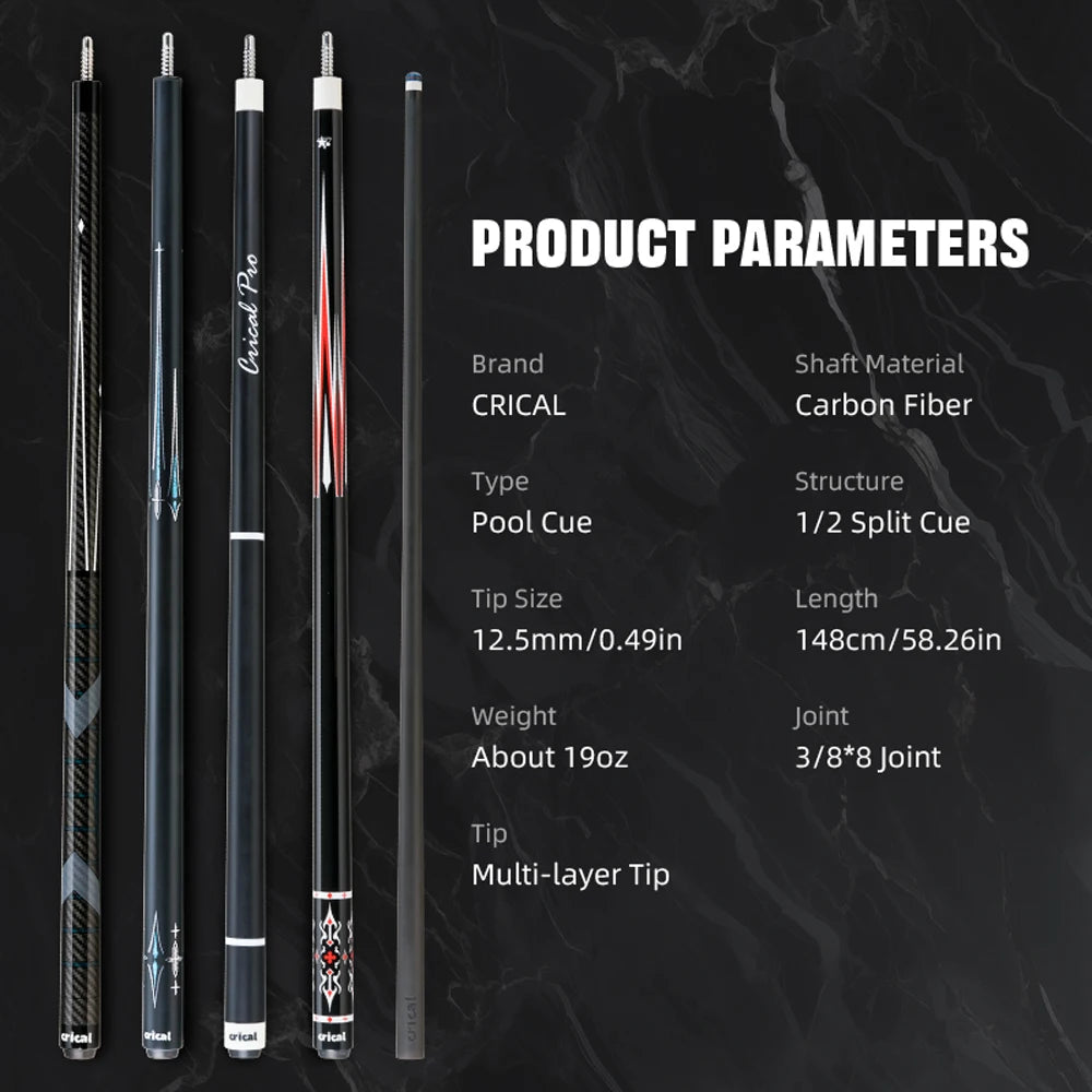 CRICAL Carbon Fiber Pool Cue Stick Billiard Cue Sticks Professional Low Deflection Pool Sticks With 12.5mm Tip and Radial Joint