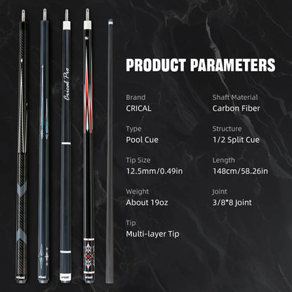 CRICAL Carbon Fiber Pool Cue Stick Billiard Cue Sticks Professional Low Deflection Pool Sticks With 12.5mm Tip and Radial Joint