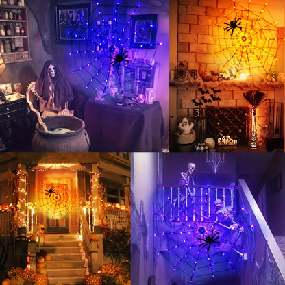 Outdoor Halloween Spider Web LED Purple Lights Battery Powered 8 Modes 70LED String Lights Remote Control Garden Wall Decoration