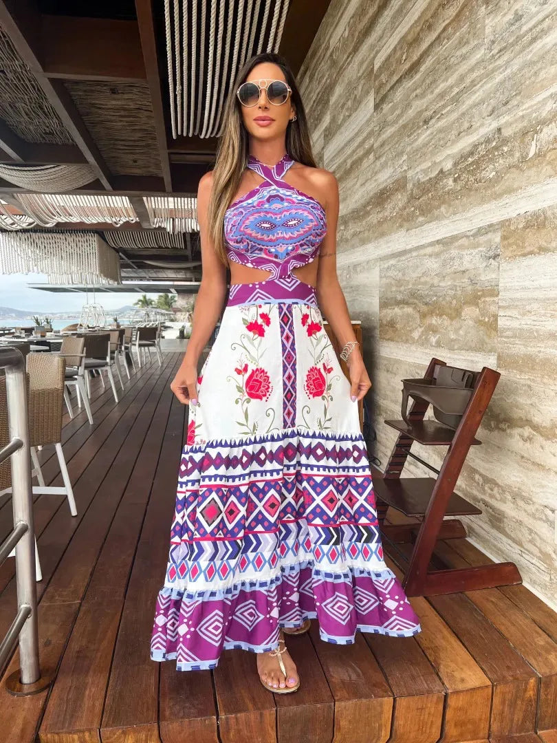 New Bohemian Sexy Printed Women Dresses Halter Sleeveless Backless Naked Waist Long Dress Fashion Summer Beach Holiday Robe
