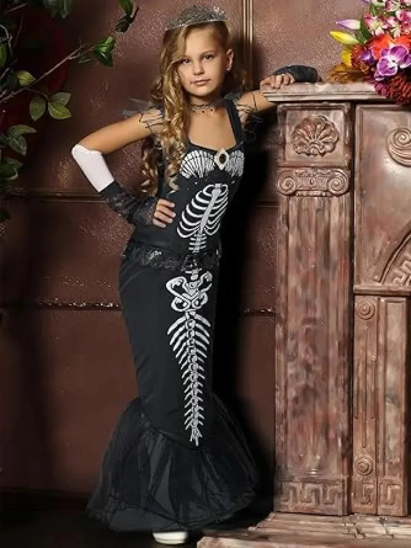 Fishtail Bone Skeleton Mermaid Costume Girls Kid Devil Dress Gothic Horror Corpse Bride Halloween Terror Outfit Party for Child