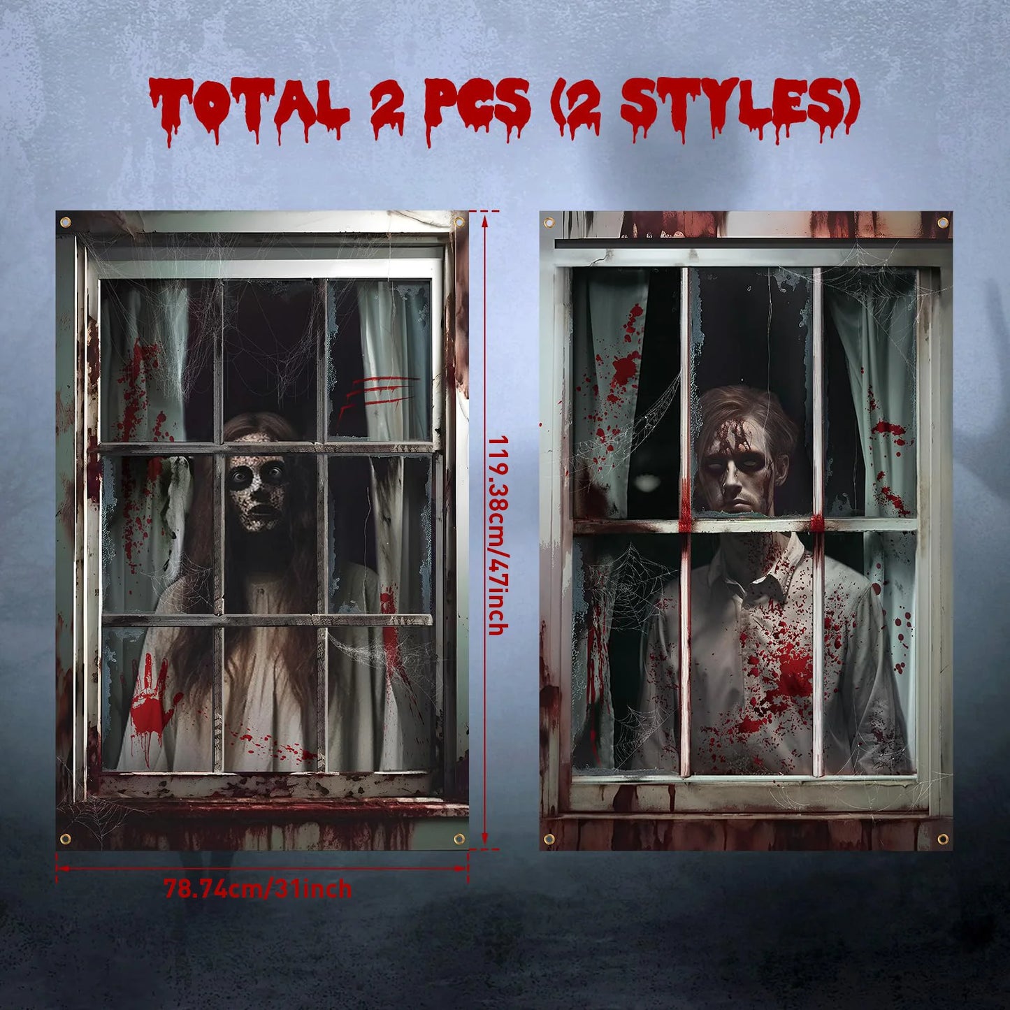 2 Pcs Scary Halloween Curtain Window Silhouette Decoration Blood Halloween Horror Halloween Window Poster