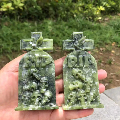 10CM Natural Green Ophiolite Quartz Crystal Carved Tombstone Angel Skull Gravestone Halloween Series Decoration Items Witchcraft