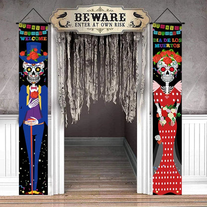 Mexican Day of the Dead Halloween Couplet Scary Skeleton Couple Flag Halloween Decoration Hanging Flag Banner Door Decor