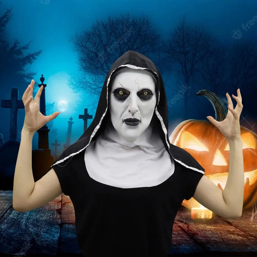 1 Set Halloween Headgear Scary Nun Emulsion Headgear Halloween Thriller Cosplay Costume the Horror Scary Nun Latex Mask Party