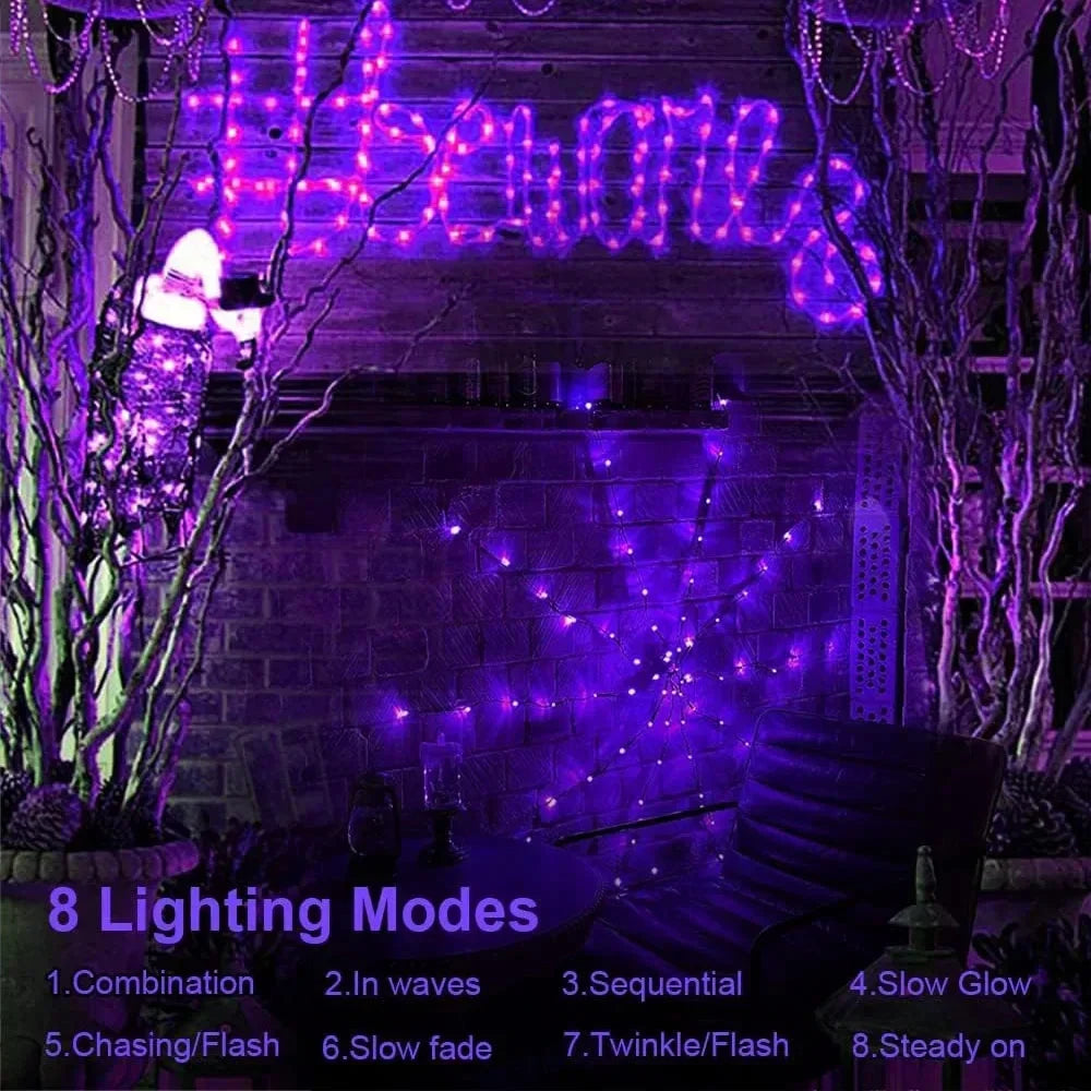 Outdoor Halloween Spider Web LED Purple Lights Battery Powered 8 Modes 70LED String Lights Remote Control Garden Wall Decoration