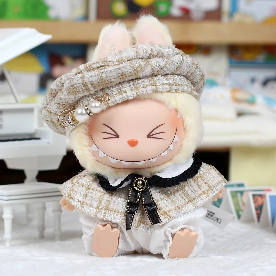 Mini Doll'S Clothes Outfit Accessories for Korea Kpop Exo 15-17cm Labubu Classic Grid Style Dress Cloak Set Beret Clothing Gift