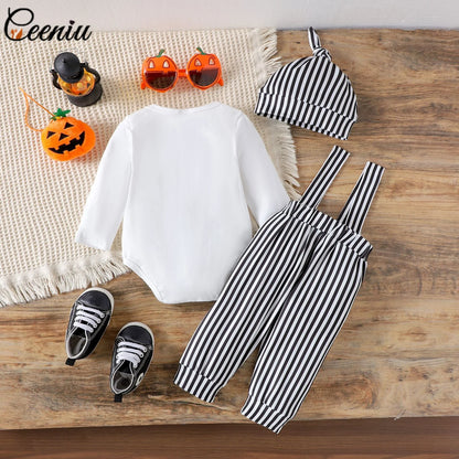 Ceeniu My First Halloween Baby Outfit for Boys Long Sleeve Letter Romper Suspender Pants+Hat Newborns Baby Halloween Costumes