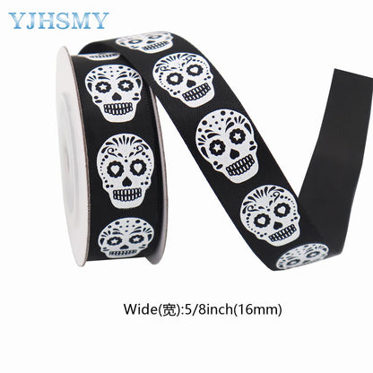 5/8'' Wide Halloween Ribbons Satin Ribbon Pumpkin Ghost Skull Printed Halloween Wrapping Ribbon for Halloween Theme DIY Craft