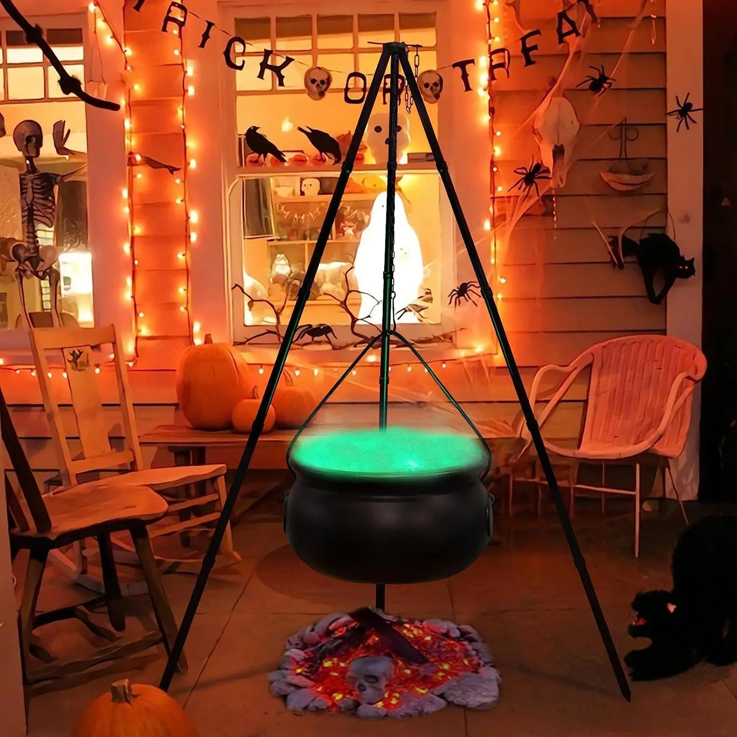 51in Halloween Decor Outdoor 12in Large Witch Cauldron on Tripod With Lights Black Plastic Bowl Party Hocus Pocus Candy Bucket